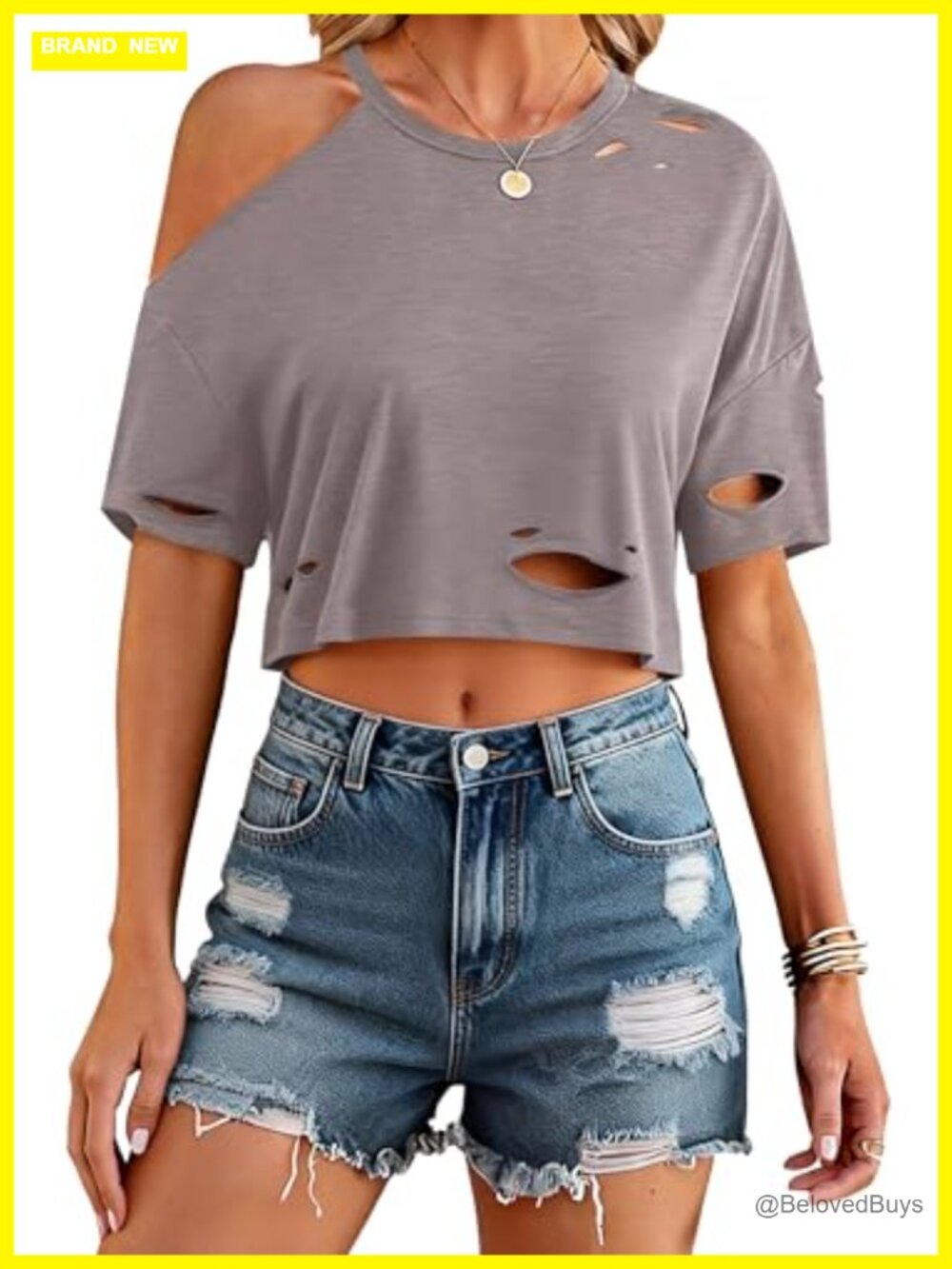 Distressed Crop Top Off Shoulder Short Sleeve Ripped T-Shirt